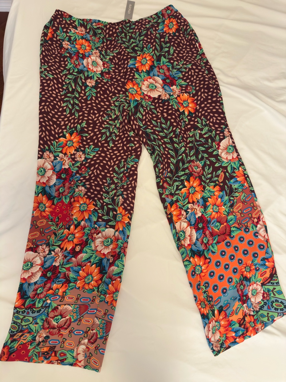 NWT Chico's Floral Patchwork Wide-Leg Pants - Brown, Orange, Teal - 2.5 (14R)